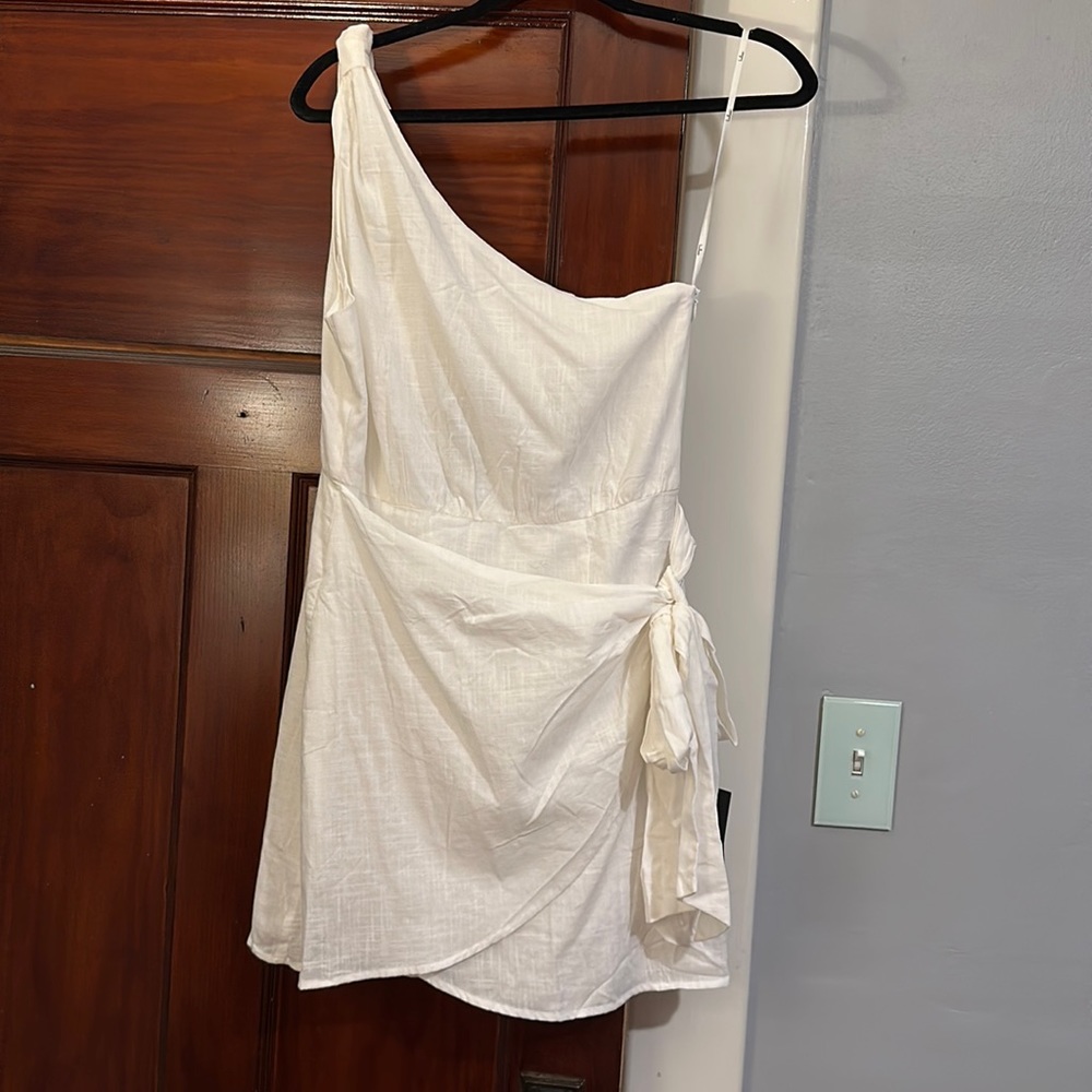 Lulus one shoulder linen wrap mini dress